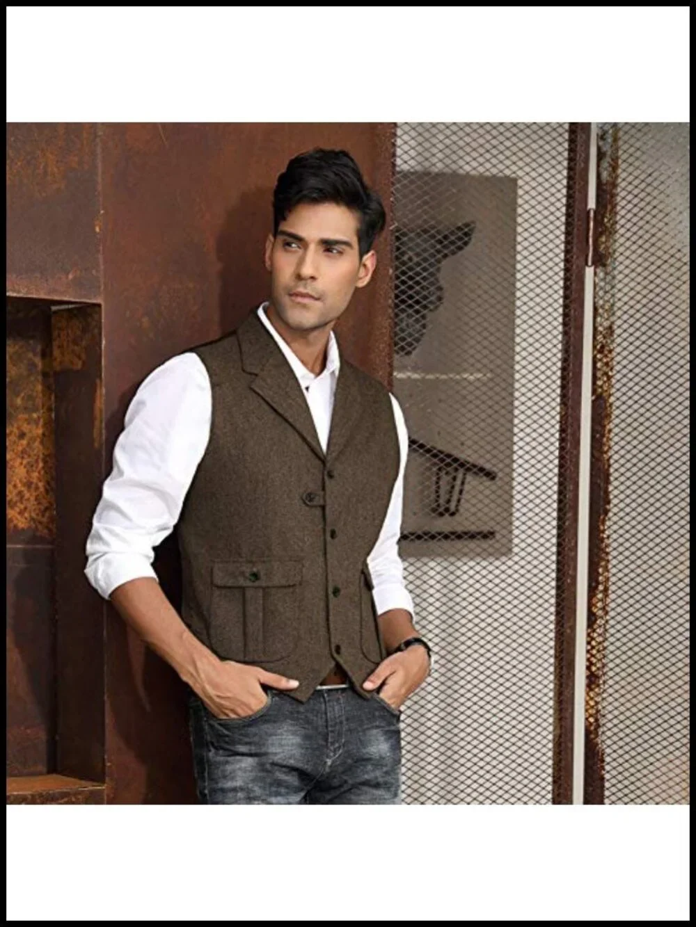 Mens Western Herringbone Tweed Suit Vest Slim Fit Waistcoat
